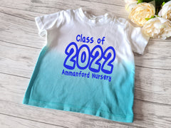 Personalised Baby BLUE dip dye Baby t-shirt Class of 2022 nursery leavers school detail