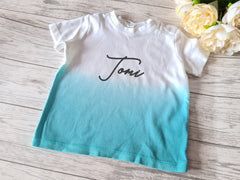 Personalised Baby BLUE dip dye Baby t-shirt with fancy name detail
