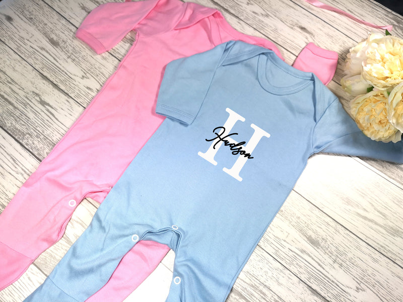 Personalised Baby Blue or pink Baby grow with letter & name detail