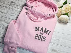 Personalised UNISEX WELSH Baby PINK cross neck hoodie with name ers year