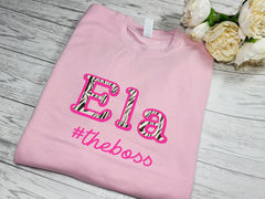 Personalised Unisex BABY PINK jumper with Zebra name #the boss detail