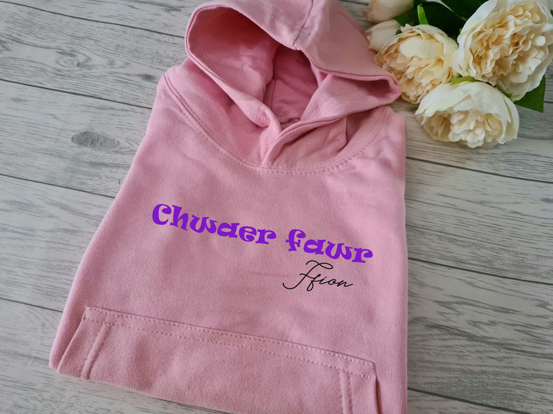 Personalised Welsh Kids Baby Pink hoodie with CHWAER FAWR name detail