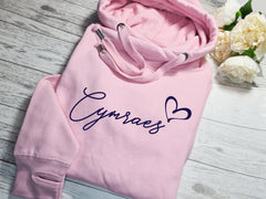 Custom UNISEX WELSH Baby PINK cross neck hoodie with CYMRAES heart  In choice of colours