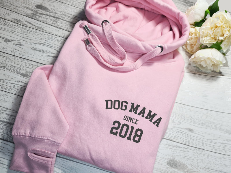 Personalised UNISEX Baby PINK cross neck hoodie with DOG MAMA since year