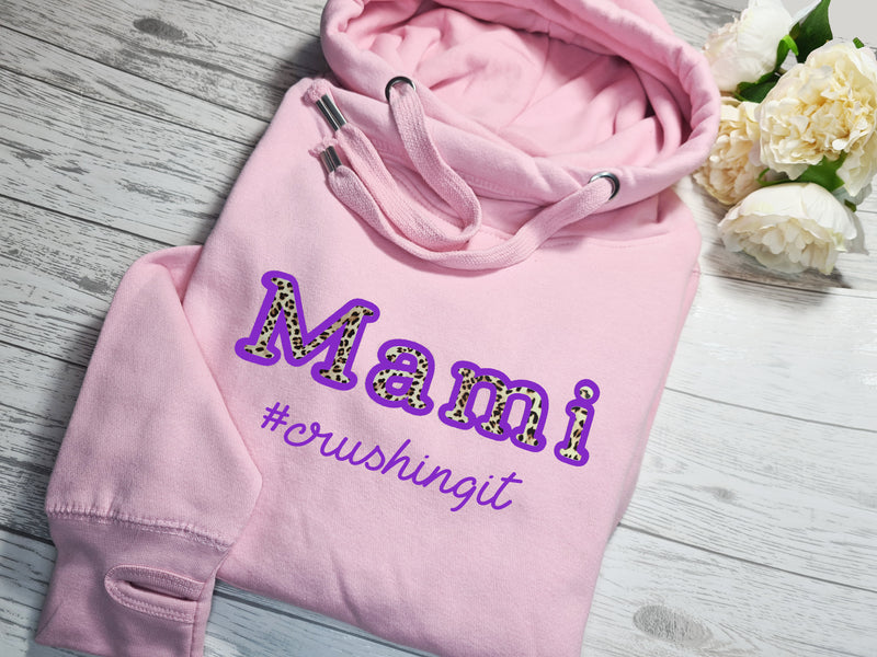 Personalised UNISEX baby PINK cross neck hoodie with name LEOPARD crushing it detail