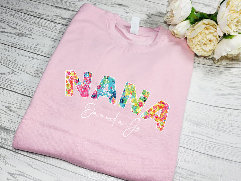 Personalised WELSH Unisex BABY PINK jumper Name in colourful Floral print detail with kids names