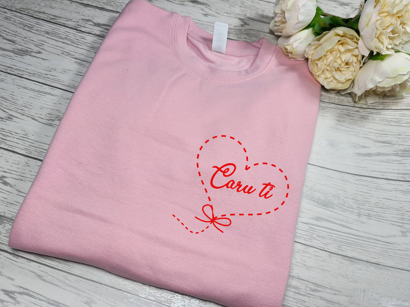 Personalised Unisex WELSH Baby pink jumper Caru ti balloon heart detail