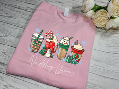 Custom Unisex Welsh BABY PINK Nadolig LLawen Christmas drinks jumper coffee hot chocolate latte Coffi