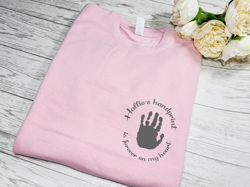 Personalised Women's BABY PINK JUMPER with Child's handprint detail In choice of colours