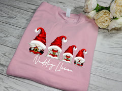 Custom KIDS welsh BABY PINK Christmas jumper santa gonks gnomes with Nadolig Llawen detail