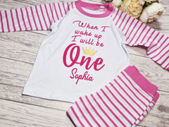 Personalised BABY PINK Birthday Baby pyjamas with I will be one name detail
