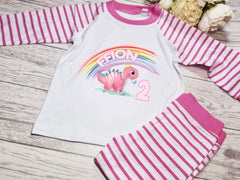 Personalised Baby PINK dinosaur rainbow Birthday Baby pyjamas with Any age and name