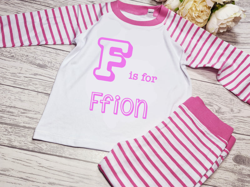 Personalised PINK Birthday Baby / Kids pyjamas with letter is for name detail