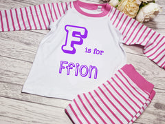 Personalised PINK Birthday Baby / Kids pyjamas with letter is for name detail