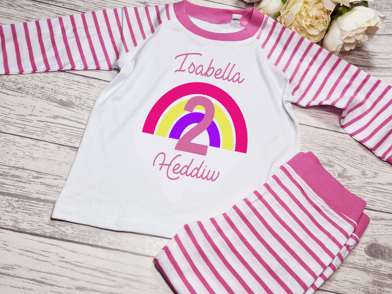 Personalised WELSH Baby PINK  rainbow Birthday Baby pyjamas with Any age and name