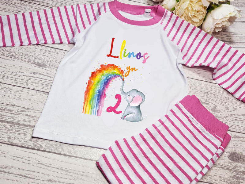 Personalised WELSH BABY PINK elephant rainbow Birthday Baby pyjamas with Any age and name