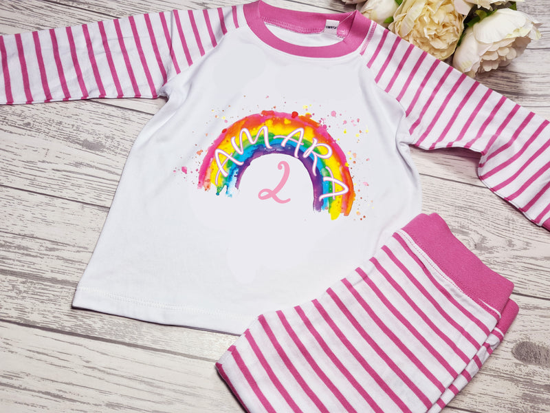 Personalised Baby PINK colourful rainbow Birthday Baby pyjamas with Any age and name