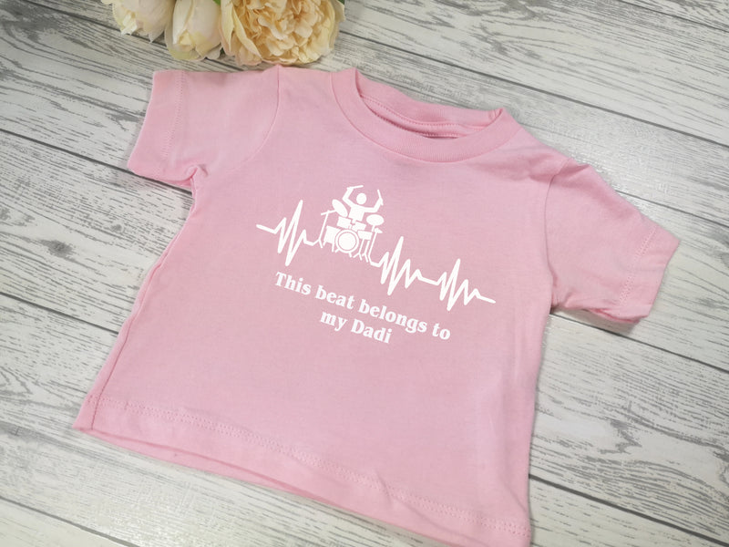 Personalised BABY PINK Baby t-shirt with drum heart beat detail in a choice of colours