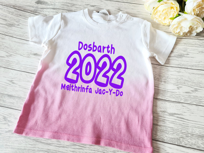 Personalised WELSH Baby PINK dip dye Baby t-shirt Dosbarth 2022 nursery leavers school detail