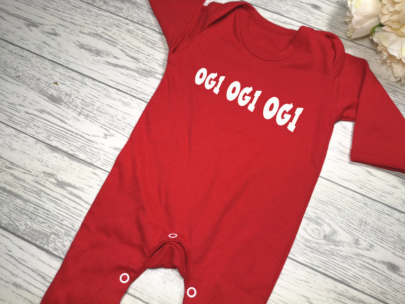 Custom Welsh RED Baby grow with Ogi ogi ogi detail