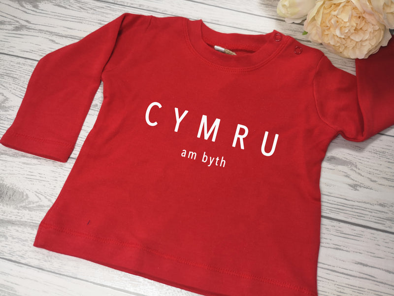Custom Welsh Baby long sleeve RED t-shirt CYMRU am byth detail in a choice of colours