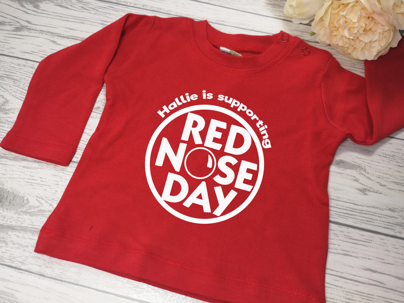 Personalised Red nose day BABY RED long sleeve t-shirt with Name is supporting detail