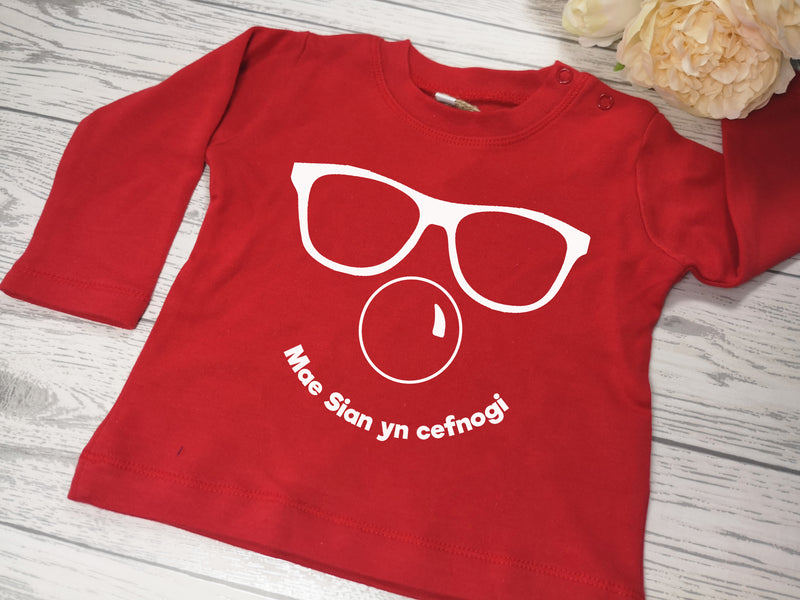 Personalised WELSH Red nose day face BABY RED long sleeve t-shirt with YN CEFNOGI
