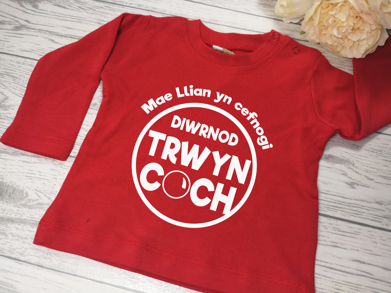Personalised WELSH Red nose day BABY RED long sleeve t-shirt with Diwnrod trwyn coch