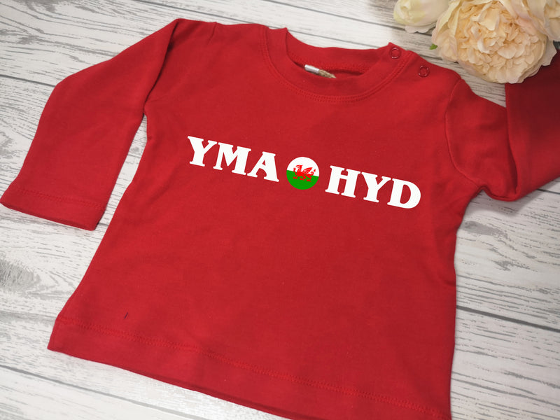 Custom Welsh Baby long sleeve RED t-shirt YMA O HYD detail in a choice of colours