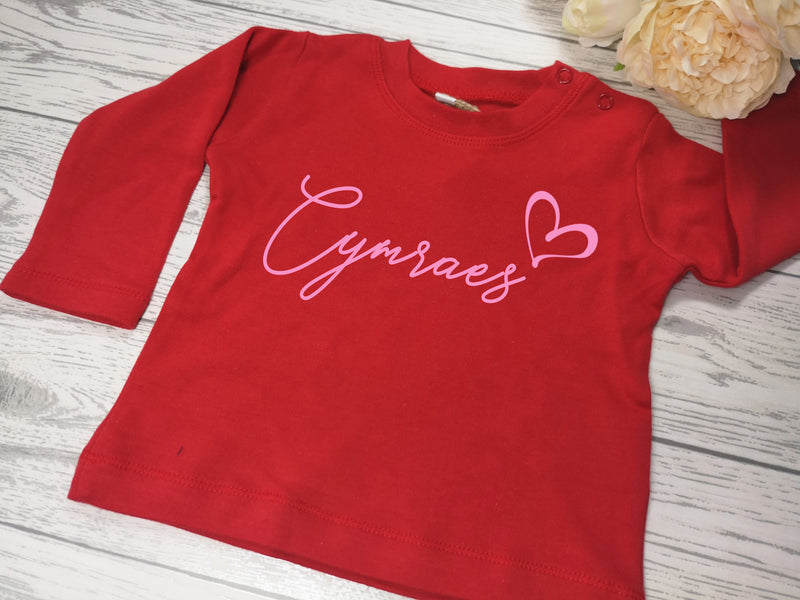 Custom Welsh Baby long sleeve RED t-shirt CYMRAES heart detail in a choice of colours
