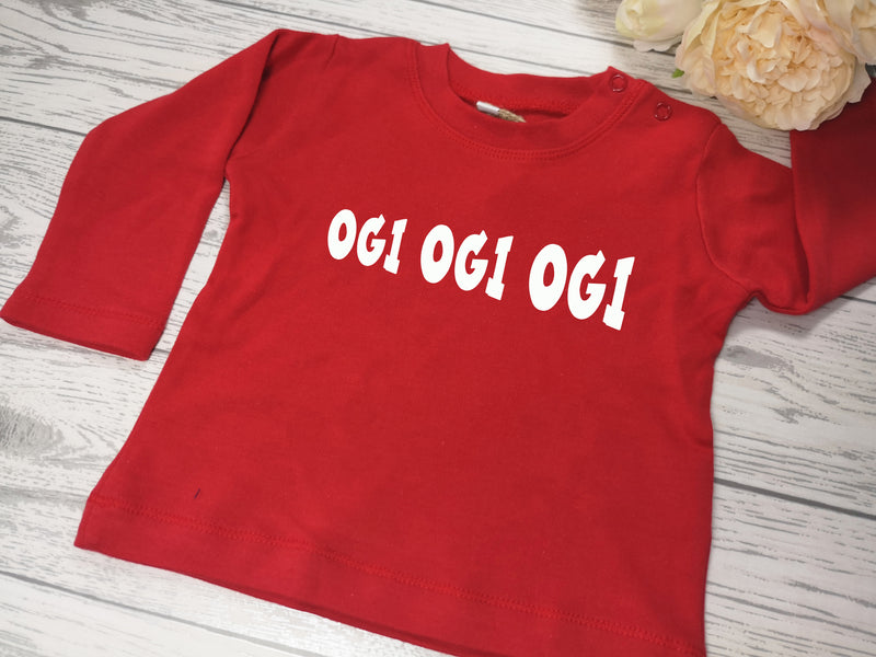 Custom Welsh Baby long sleeve RED t-shirt Ogi ogi ogi detail in a choice of colours