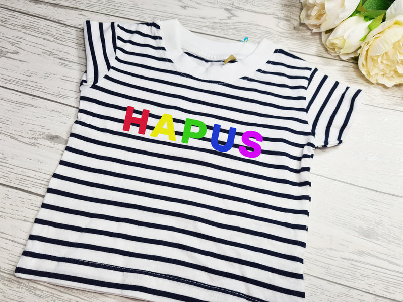 Personalised family welsh UNISEX adults kids and baby rainbow HAPUS or CARIAD Navy stripy T-shirt