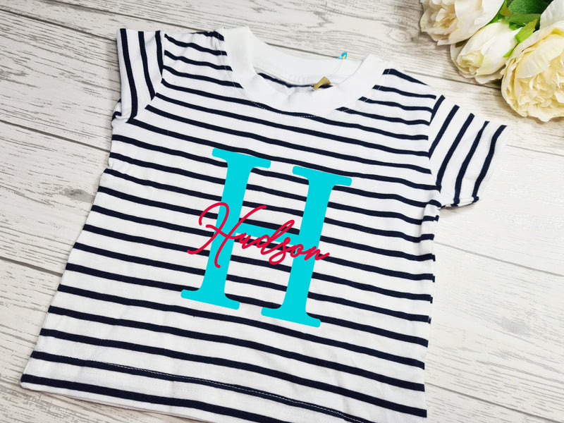 Personalised Baby LETTER name Navy stripy birthday T-shirt Any NAME