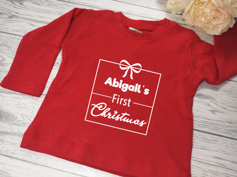Personalised Baby RED t-shirt First Christmas detail in a choice of colours