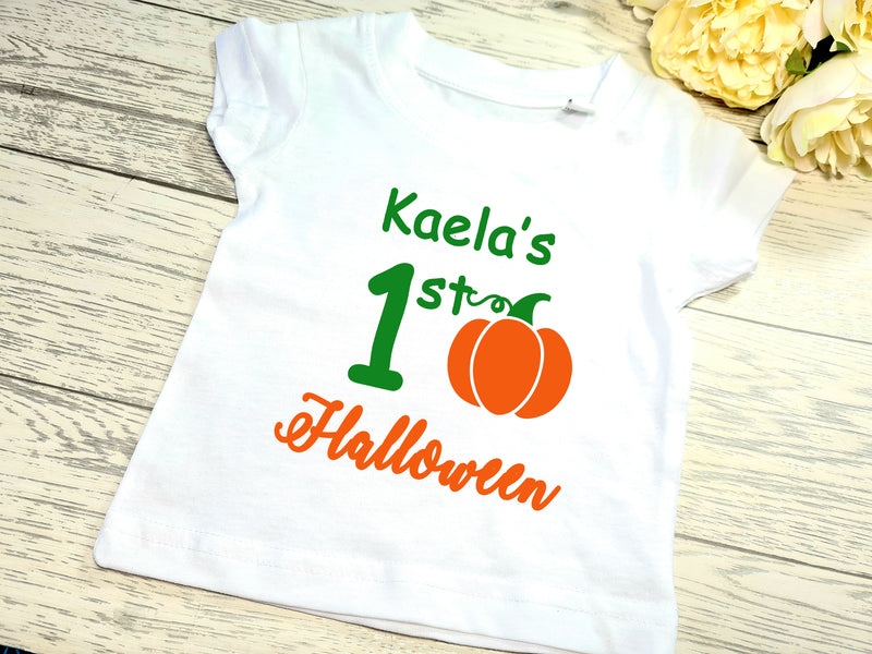 Personalised White  1st Halloween pumpkin Baby t-shirt