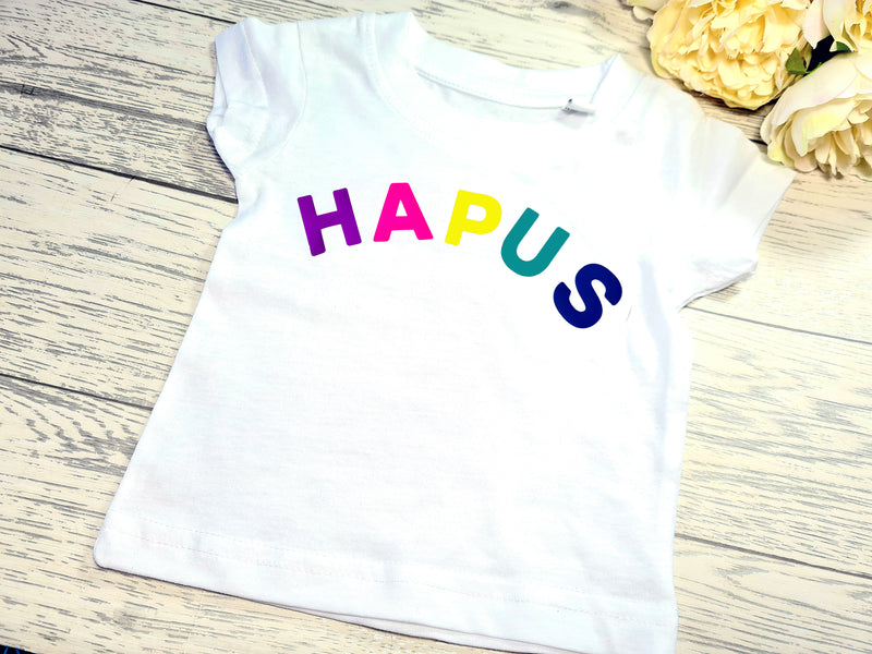 Custom Baby/Kids white t-shirt with rainbow HAPUS HAPPY or CWTSH detail choice of colour detail