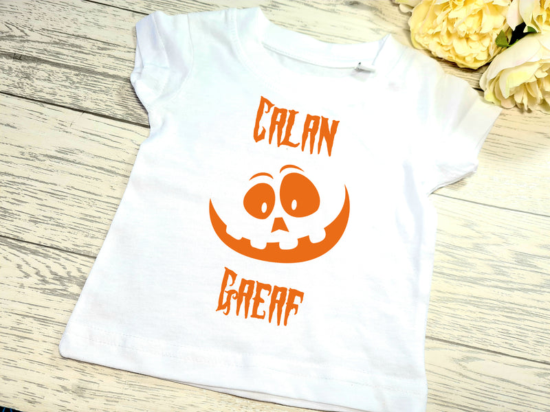 Personalised White WELSH Calan gaeaf Halloween pumpkin face Baby t-shirt
