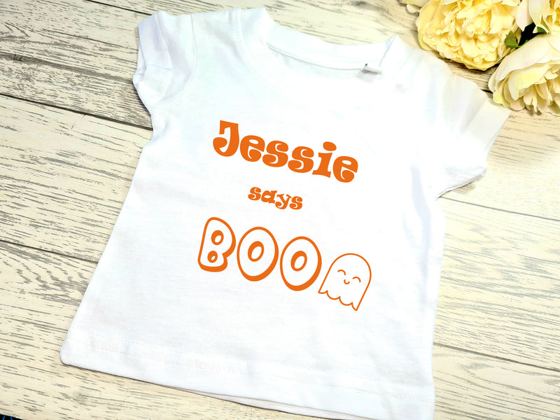 Personalised White Halloween Baby t-shirt NAME says boo detail