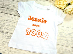 Personalised White Halloween Baby t-shirt NAME says boo detail