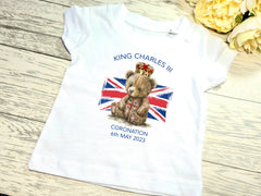 Custom Baby & Kids white t-shirt with KING Charles coronation TEDDY detail