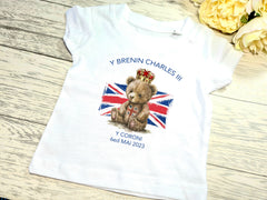 Custom Baby & Kids WELSH white t-shirt with KING Charles coronation Y coroni  TEDDY detail