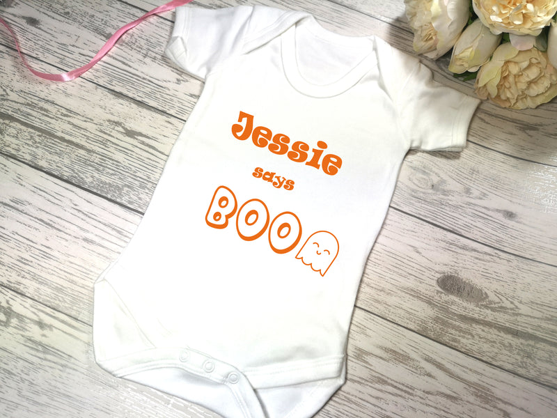 Personalised Halloween White Baby vest suit with NAME says boo ghost detail