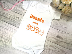 Personalised Halloween White Baby vest suit with NAME says boo ghost detail