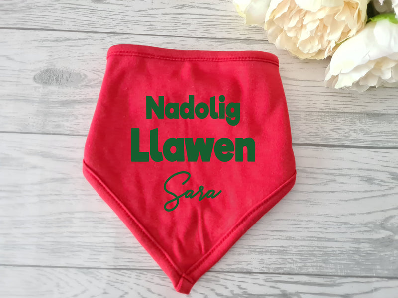 Personalised BABY christmas Welsh bandana RED Bib Nadolig llawen Name detail