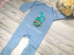 Personalised WELSH Baby pink or blue Baby grow with name and Pasg cyntaf easter bunny gonk detail