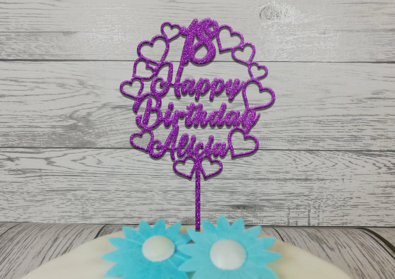 Personalised Wooden Glitter Hearts Circle birthday cake topper Any name Age