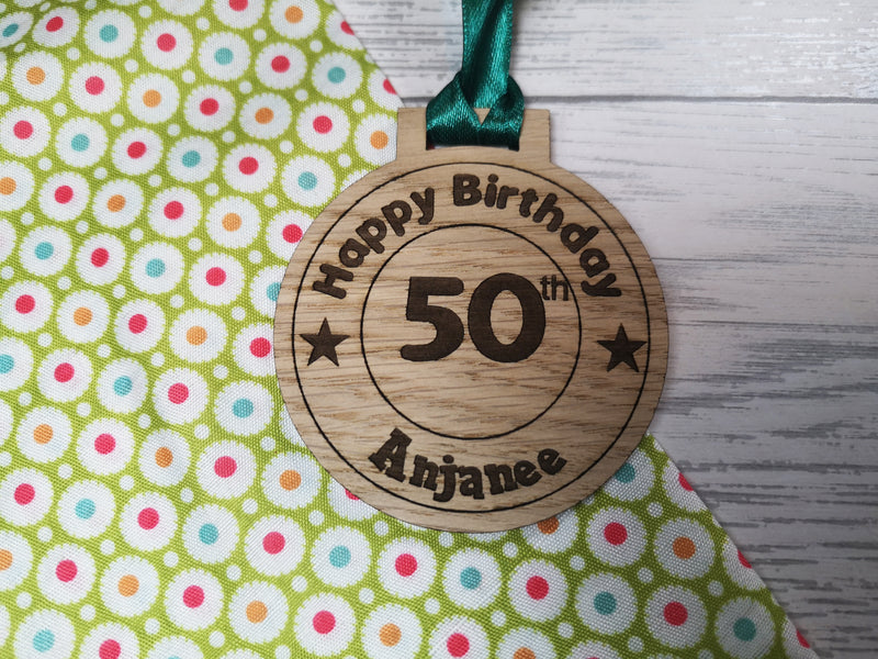 Personalised Happy Birthday oak medal any name and age gift