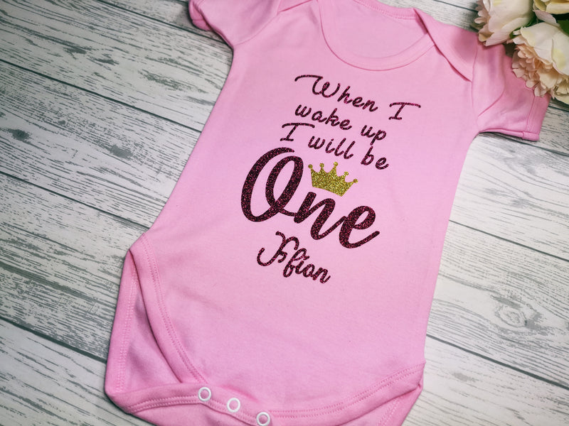 Personalised Baby pink Birthday Baby vest suit with I will be ONE name detail