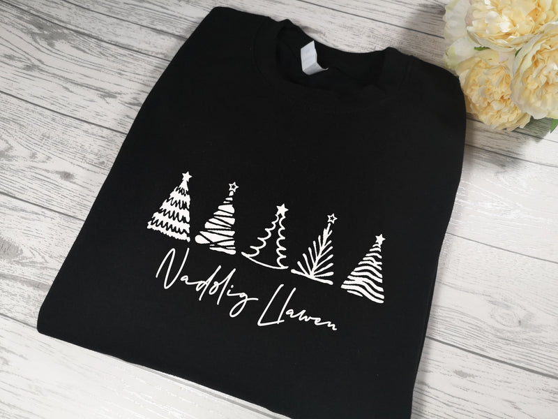 Custom Unisex WELSH BLACK Christmas trees jumper Nadolig Llawen detail in a choice of colours