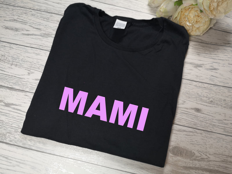 Personalised Women's Black t-shirt Bold Mummy / Mami /Nan with choice of colour detail